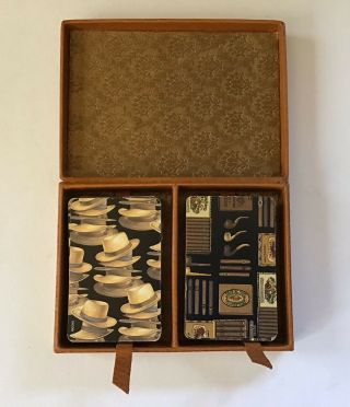 Vintage Masculine Playing Cards In Faux Leather Case Cigars Pipe Hats