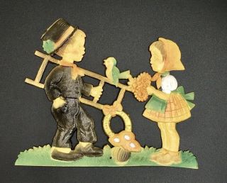 Vintage Cardboard Die Cut Irish Boy And Girl,  4 - Leaf Clover,  Horseshoe