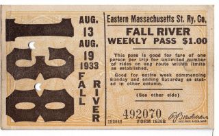 Streetcar Weekly Pass: Eastern Mass.  Street Ry.  Co. ,  Fall River,  Ma - 1933