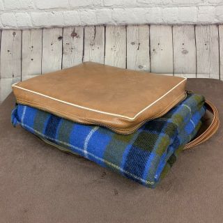 Vintage Faribo Wool Stadium Blanket With Cushion Seat Carrier Plaid Green Blue
