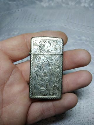 Vintage Slim Zippo Lighter Sterling Silver Hand Engraved Case