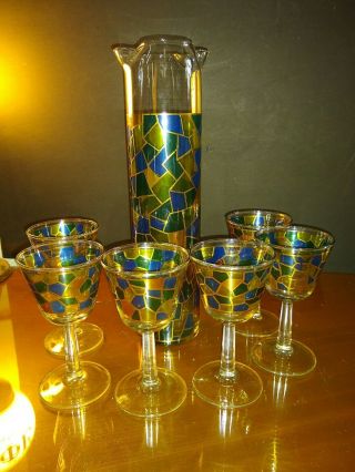 Mid Century Glass Decanter Bar Set With 6 Glasses Multi Colored Design,  Vintage