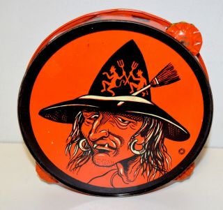 Vintage 1950s 1960s T Cohn Tin Halloween Witch Tambourine