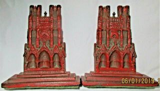 Vtg Mid - Century Rheims Cathedral Metal Orig Red Paint/cross Bookends Pair Heavy