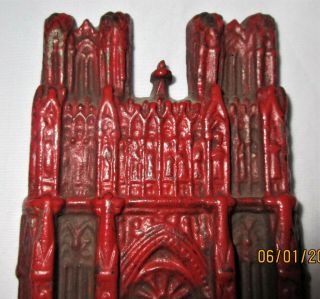 VTG Mid - century Rheims Cathedral Metal Orig Red Paint/Cross Bookends Pair Heavy 2