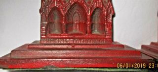 VTG Mid - century Rheims Cathedral Metal Orig Red Paint/Cross Bookends Pair Heavy 3