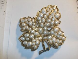 Huge Vintage Crown Trifari Faux Pearl Leaf Pin/brooch - 3 - 1/2 Inches,