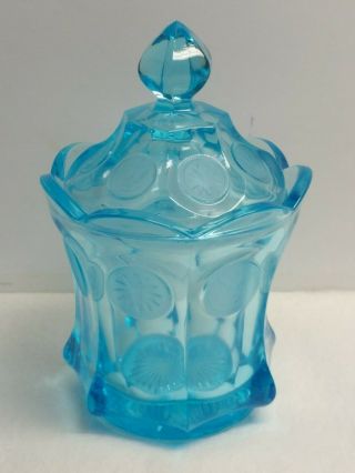Vintage Fostoria Aqua Blue Coin Glass Covered Jar W/ Lid
