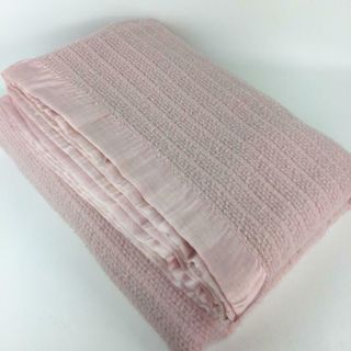 Vintage Waffle Weave Blanket Satin Trim Pink Acrylic 80″ X 92″ Full Cover