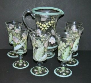 Vintage Tracy Porter Hand Painted Glass Pitcher With 6 Stemmed Glasses