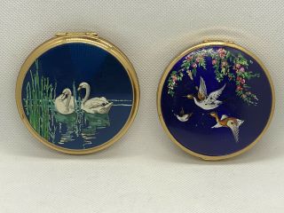 Vintage Stratton Powder Compact Made In England Set Of 2 Swans Ducks Cobalt Gold