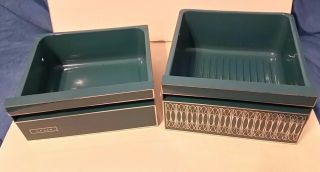 Vintage Mid Century Enamel Refrigerator Drawers Metal Blue Bin Tray