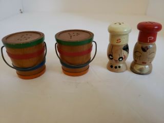 Vintage Wooden Salt And Pepper Shakers Japan Chefs Pails Buckets Cute