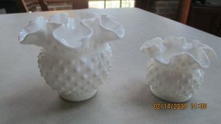 2 Vintage Fenton White Hobnail Ruffled Milk Glass Vases 4 " & 3 "