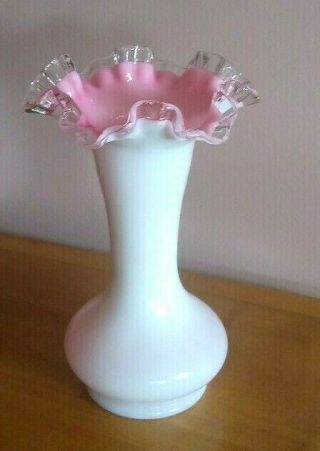 Vintage Fenton Silver Crest Glass White/pink Ruffled Rim 8 - 1/4 " Vase
