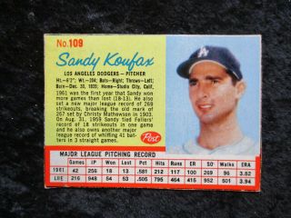 Vintage 1962 Post Cereal 109 Sandy Koufax Los Angeles Dodgers Vg,  L@@k