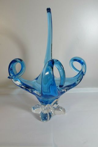Vintage Signed Chalet Art Glass Blue Vase Centerpiece