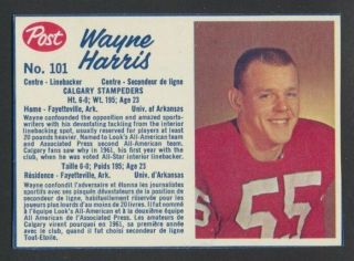 Vintage 1962 Post Cfl Football Card 101 Wayne Harris Calgary Stampeders Nm - Mt