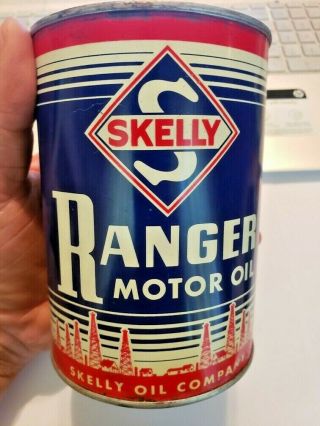 Old Vintage Skelly Ranger Qt Motor Oil Tin Can,  Full And
