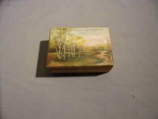 Vintage Wood Trinket Jewelry Box 5.  5 X 3 3/4 X 2 Nature Painted Top Lined