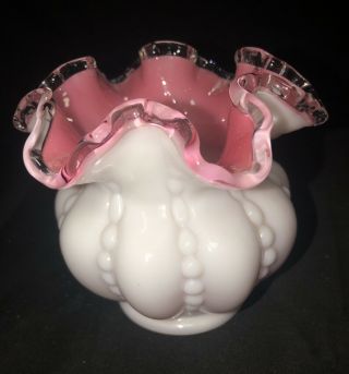 Vintage Fenton Beaded Melon 4” Vase - Silver Crest,  Pink And White Ruffled