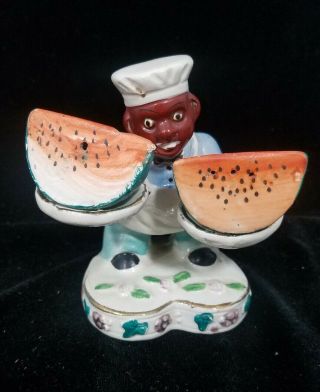 Vintage Ceramic Black Americana Waiter Server Watermelon Salt & Pepper Shakers
