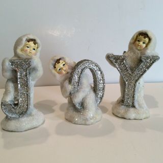 Vintage Christmas Snow Angels Figurines Silver Glitter Joy Letters
