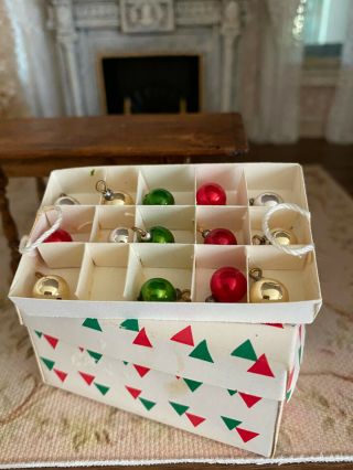 Miniature Dollhouse Vintage Artisan Box Of Christmas Tree Ornaments Holiday 1:12