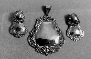 Vintage Solid Sterling Silver Pendant & Pierced Earring Set Marked 925 Thailand