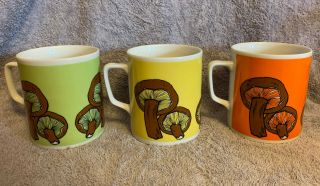 Set Of 3 Vintage Retro Mushroom Coffee Mugs,  Orange,  Yellow,  Green,  Brown
