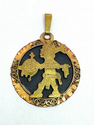 Vintage Mexican Tribal Aztec God Warrior Copper Brass 3 1/4 " Statement Pendant