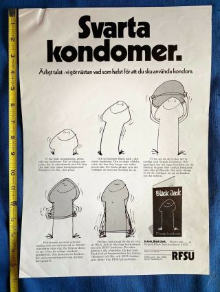 Vintage 1974 Black Jack Condoms VD Poster Sweden RFSU Happy Smiling Penis w/Note 2