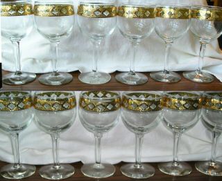 Set 6 Culver Valencia Wine Glasses Gold Rim Art Deco Mid Modern Century Old Vtg