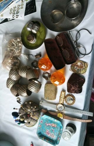 Vintage Junk Drawer Find Beads Eye Glasses Pins Lamp Toppers Watches Napkin Ring