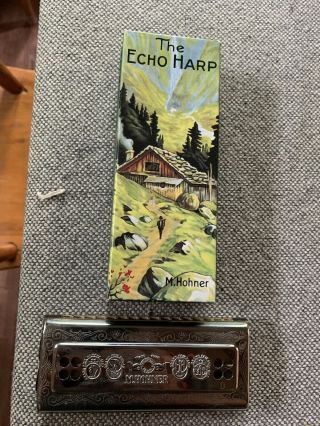 1c Vintage The Echo Harp Harmonica M.  Hohner Box A/d 64 Hole Germany