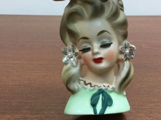 Vintage Columbia Ceramic Japan Lady Head Vase Bouffant Hair Pearls Green Dress