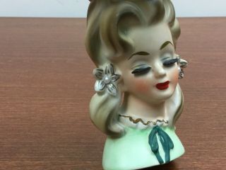 Vintage Columbia Ceramic Japan Lady Head Vase Bouffant Hair Pearls Green Dress 2