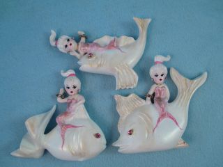3 Vintage Arnels Ceramic Pink Mermaids On Fish With Rhinestones Wall Plaques