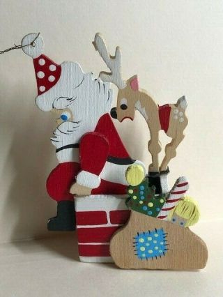 Sweet Vintage Emgee Wooden Christmas Ornament Santa And Reindeer In Chimney