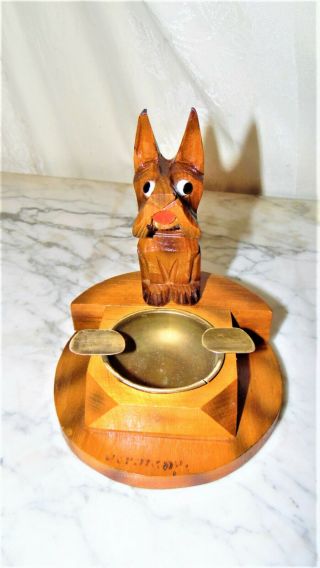 Vintage Black Forest Swiss Scottie Dog Ashtray Yorkie Carved Wood Brass Insert
