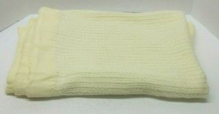 Vintage Acrylic Baby Blanket Yellow Open Waffle Weave Nylon Trim 36 X 49 In