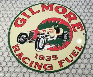 Vintage Gilmore Gasoline Porcelain Gas Auto Racing Service Station Pump Sign