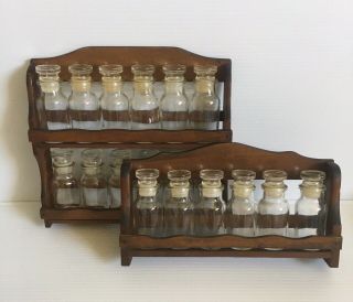 Vintage Wooden Wall Spice Rack With Glass Bottles