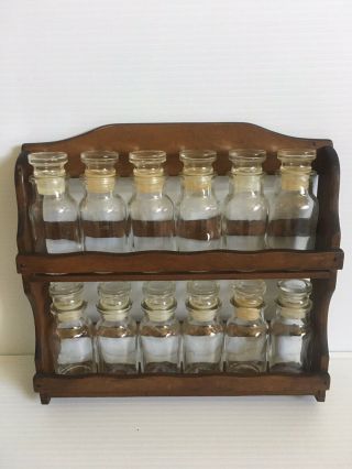 Vintage Wooden Wall Spice Rack With Glass Bottles 2