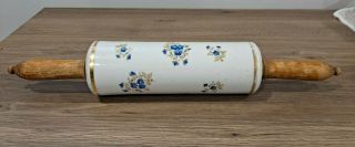 Vintage Glass Ceramic Rolling Pin With Wood Handles White With Blue Flowers