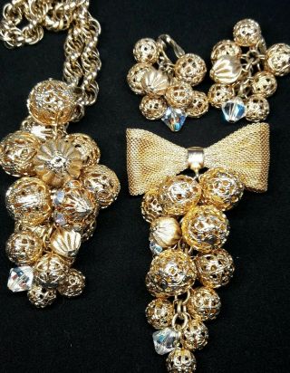 Vintage Parure Ab Rhinestone Bauble & Bow Necklace Brooch Pin Dangle Earring Set