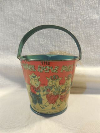 Vintage 1930s Mayfair Candies Three Little Pigs Big Bad Wolf Tin Candy Sand Pail