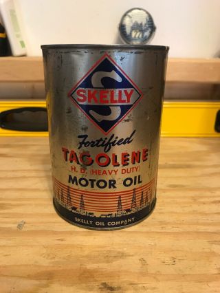 Vintage Skelly Tagolene Motor Oil Quart Metal Can Full Silver Canco