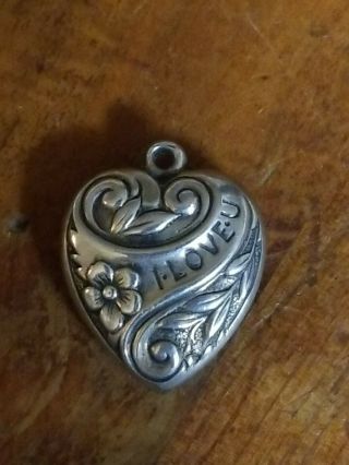 Vintage Sterling Silver Ornate Repousse Puffy Heart Charm I • Love • U