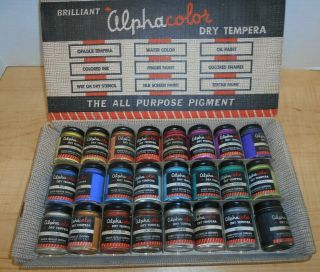Vtg Alphacolor Dry Tempera Paint Set 24 Bottles W/ Box Weber Costello